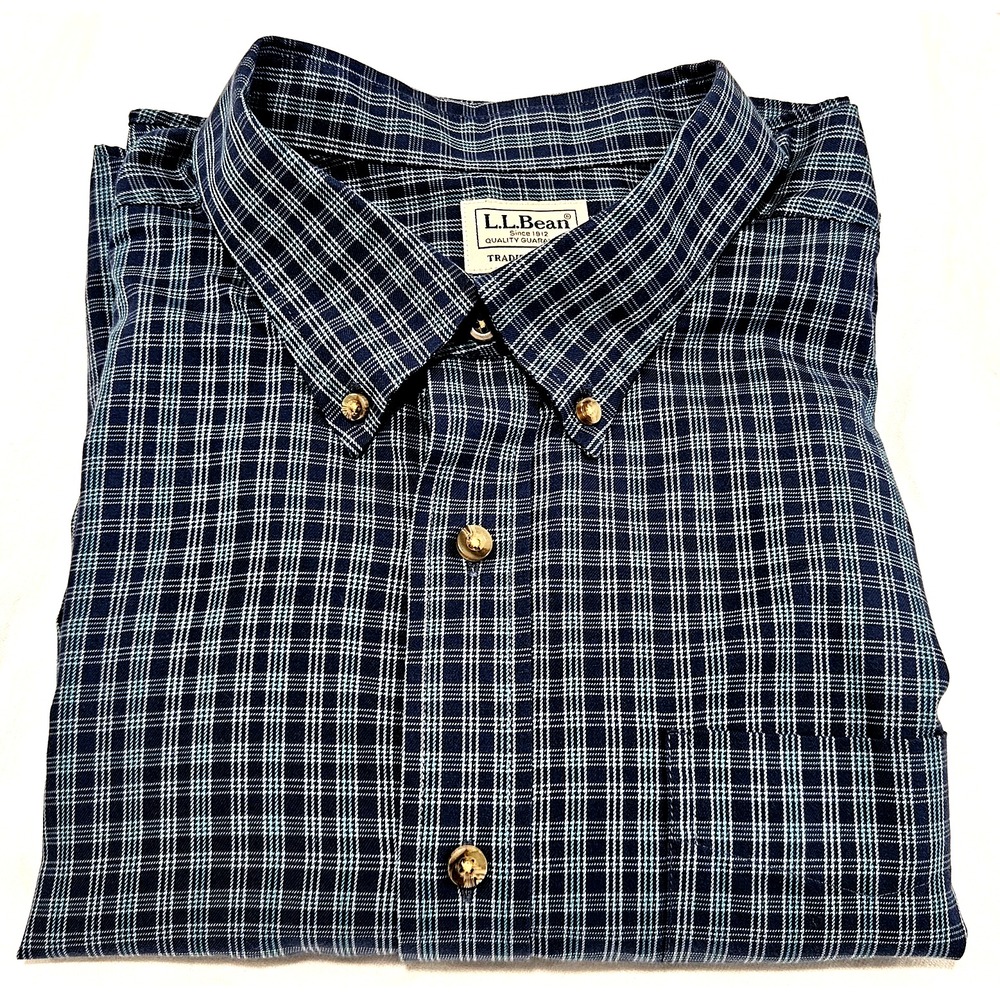 LL Bean Trad. Fit Men's XXL Shirt Blue Plaid Long Sleeve Button Down 100% Cotton